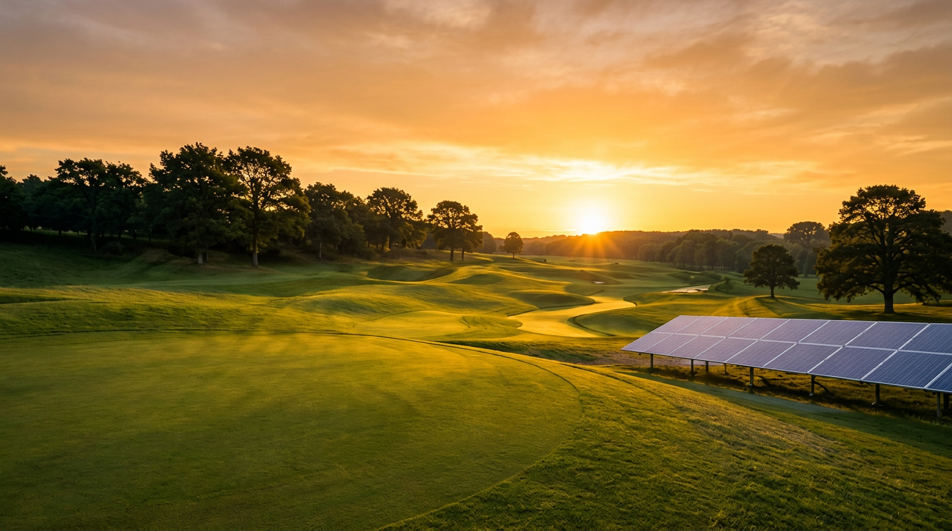 Golf course at sunset with solar panels