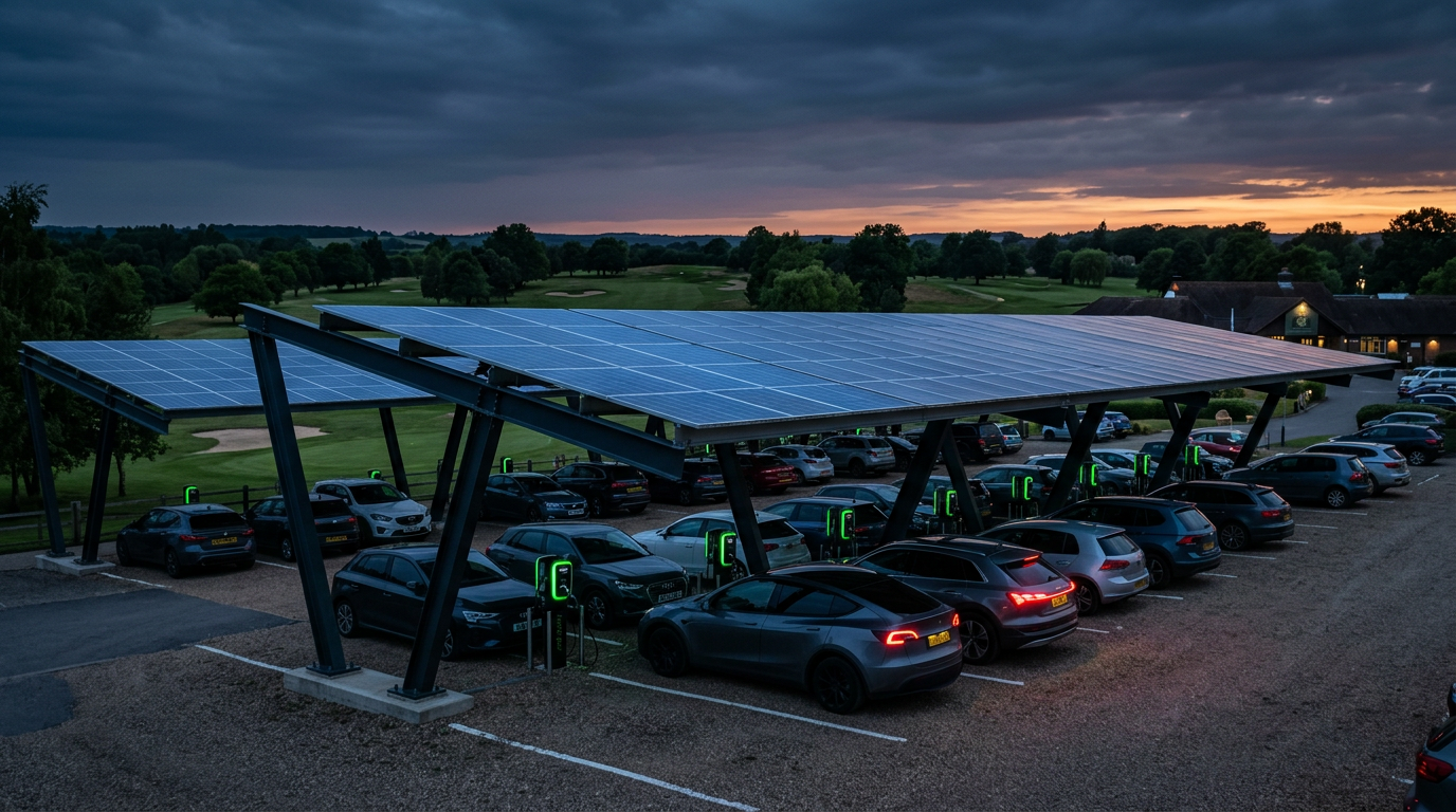 Solar canopy over golf club car park with EV charging